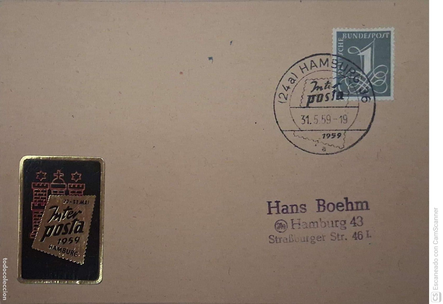 Sellos: Alemania Federal. 102 Serie b&aacute;sica. Tipo ee sobre cartulina. Matasello Inter Posta 1959 Hamburg. Fec