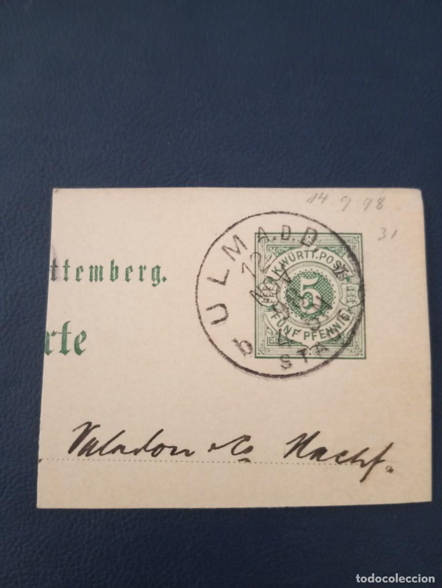 Sellos: ALEMANIA, 1898, WURTEMBERG ,MATASELLOS ULMARD, FRAGMENTO ENTERO POSTAL,