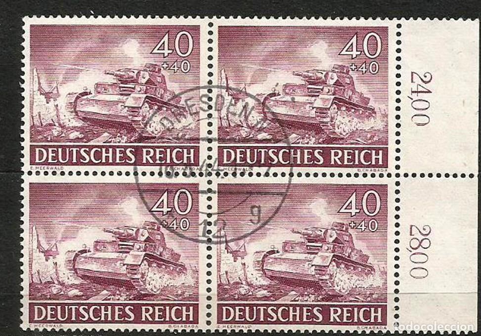 Sellos: ALEMANIA 1941 - III REICH - DIA DE LOS HEROES - TANQUE - 4 SELLOS USADOS EN BLOQUE