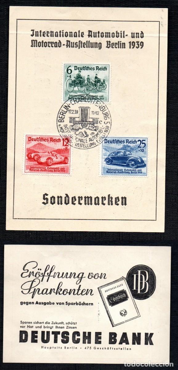 Sellos: ALEMANIA TERCER REICH. 1939. EXPOSICI&Oacute;N INTERNACIONAL AUTOMOBIL. DEUTSCHE BANK FDC