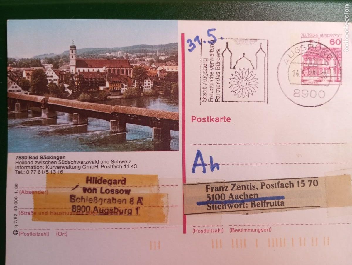 Sellos: ALEMANIA, 1987, MATASELLOS ESPECIAL DE AUGSBURG SOBRE ENTERO POSTAL DE BAD S&Auml;CKINGEN