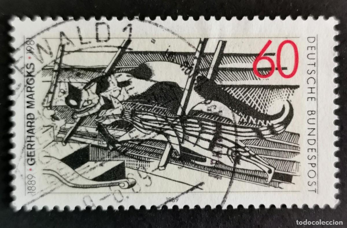 Sellos: Sello Alemania R. Federal 1989, Grabado madera &rdquo;Gatos en el &aacute;tico&rdquo; Gerha , 60 Pf. Michel: DE 1410