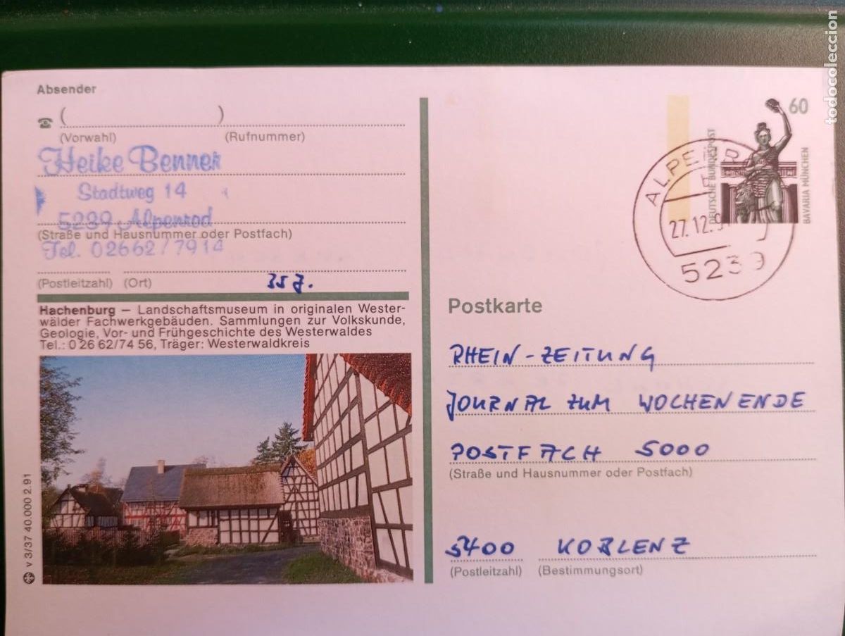 Sellos: ALEMANIA FEDERAL, 1991, ENTERO POSTAL V 3/37, HACHENBURG
