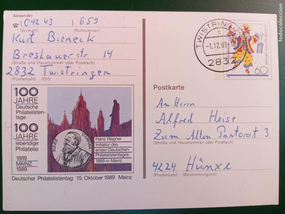 Sellos: ALEMANIA FEDERAL, 1989, CENTENARIO DEL SELLO,, ENTERO POSTAL ILUSTRADO P So 18