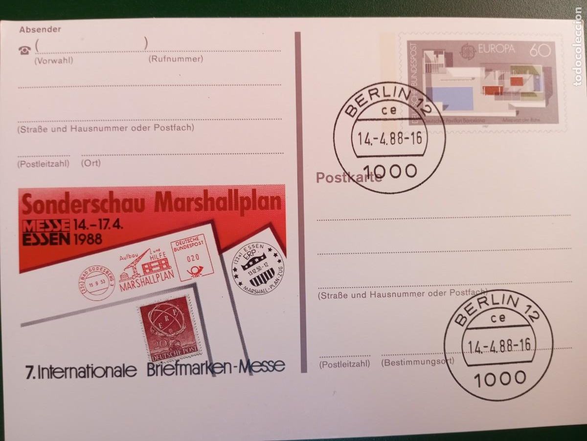 Sellos: ALEMANIA FEDERAL, 1988, PLAN MARSHALL , ENTERO POSTAL ILUSTRADO P So 16