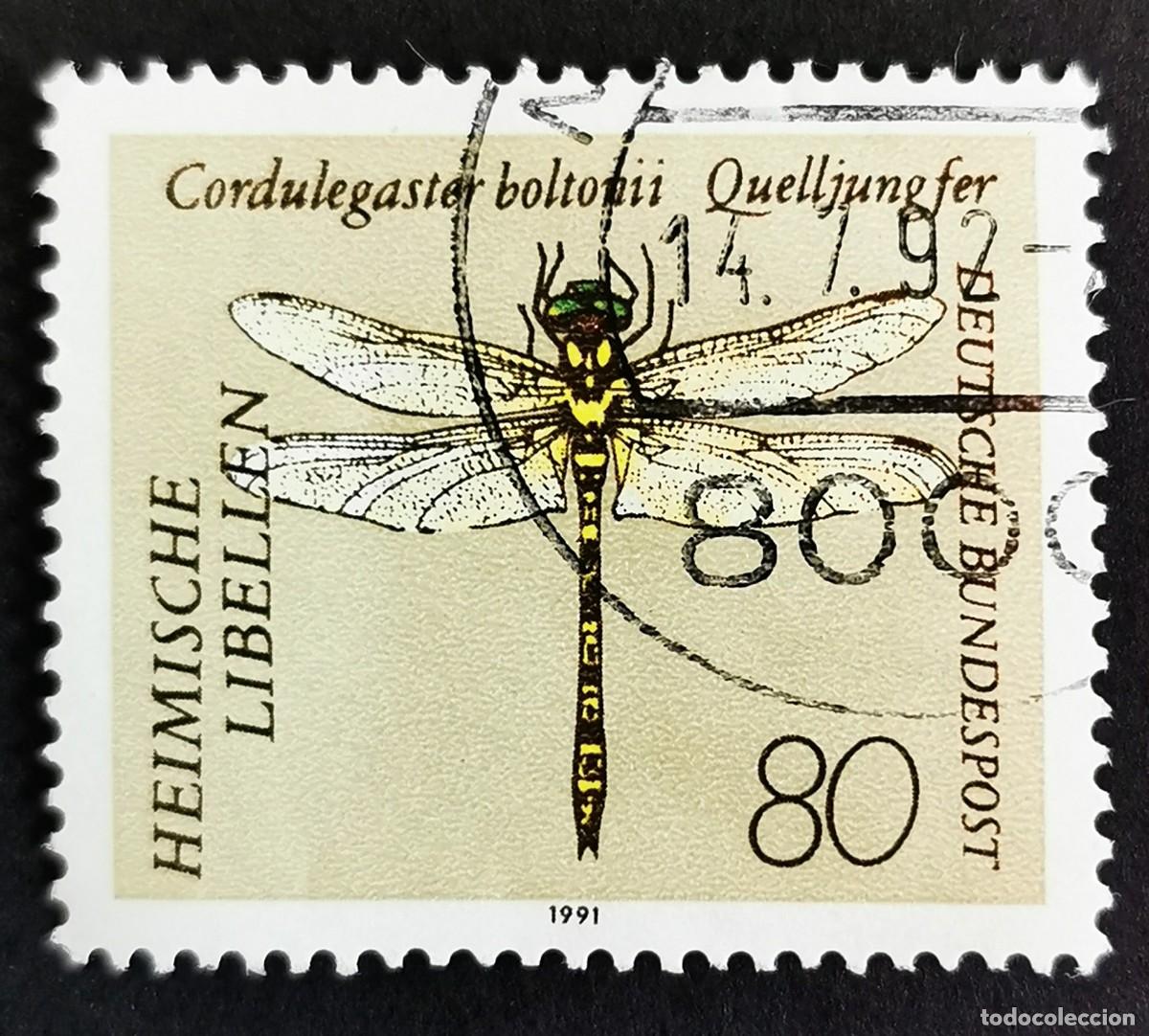 Sellos: Sello Alemania R. Federal 1991, Lib&eacute;lula de anillos dorados (Cordulegaster), 80 Pf. Michel: DE 1551