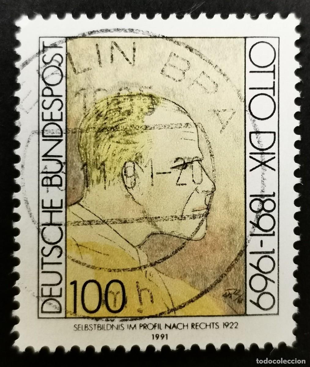 Sellos: Sello Alemania R. Federal 1991, Autorretrato de perfil derecho, de Otto Dix, 100 Pf. Michel: DE 1573