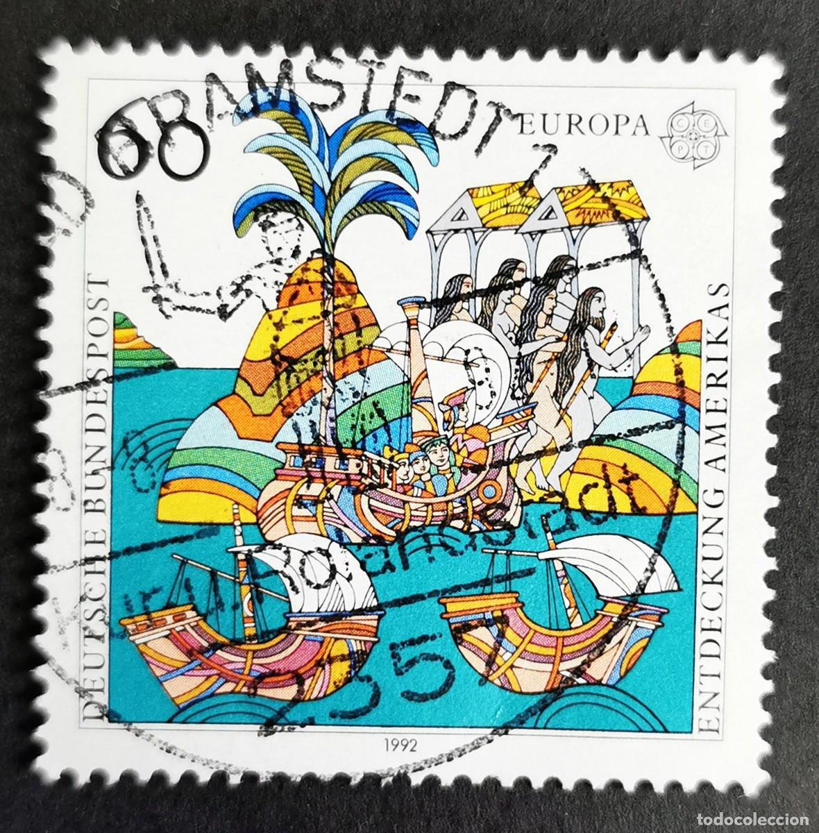 Sellos: Sello Alemania R. Federal 1992, Grabado madera 1493 Cartas de Col&oacute;n , 60 Pf. Michel: DE 1608