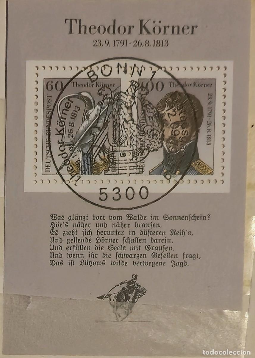 Sellos: hoja bloque Matasellada Alemania 1991 bicentenario del nacimiento del poeta Theodor K&ouml;rner