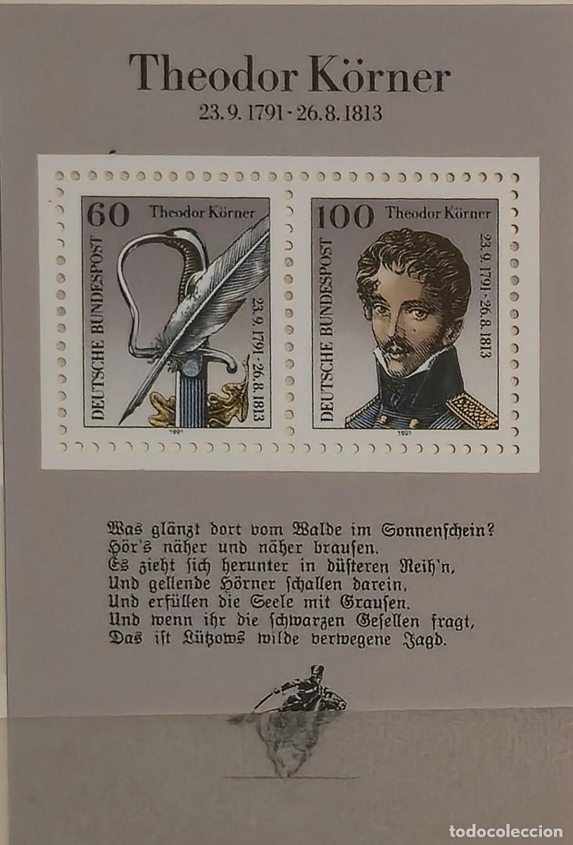 Sellos: hoja bloque Nueva Alemania 1991 bicentenario del nacimiento del poeta Theodor K&ouml;rner