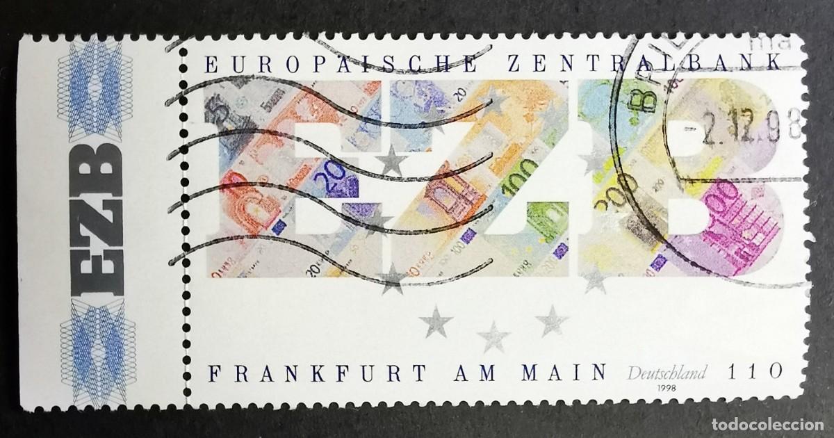 Sellos: Sello Alemania R. Federal 1998, Billetes euro forman &rdquo;EZB&rdquo; - Banco Central , 110 Pf. Michel: DE 2000