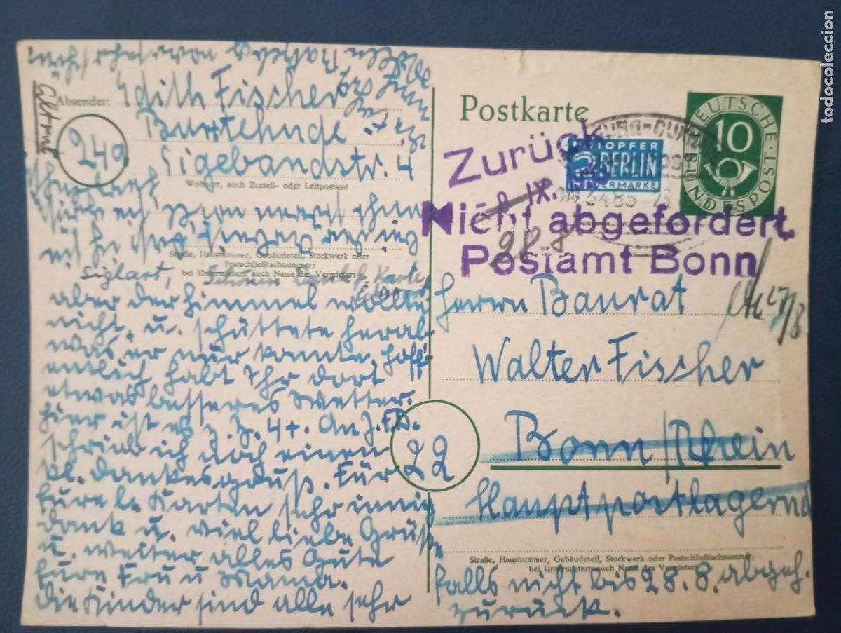 Sellos: ALEMANIA, 1953, ENTERO POSTAL MATASELLOS FERROVIARIO Y SELLO DE DEVOLUCI&Oacute;N.VER DESCRIPCI&Oacute;N