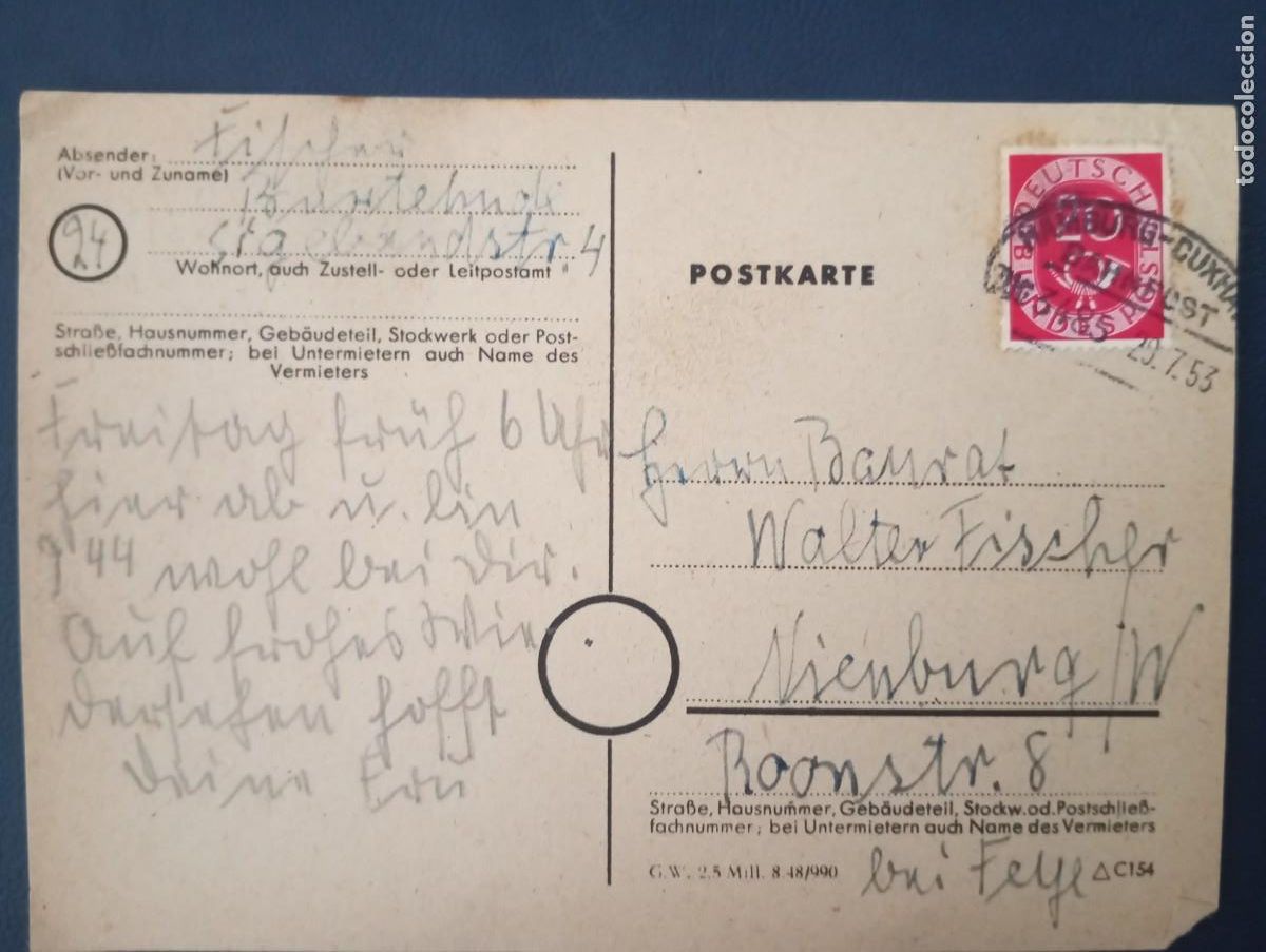 Sellos: ALEMANIA, 1953, MATASELLOS FERROVIARIO HAMBURGO -CUXHAVEN ZUG 3485
