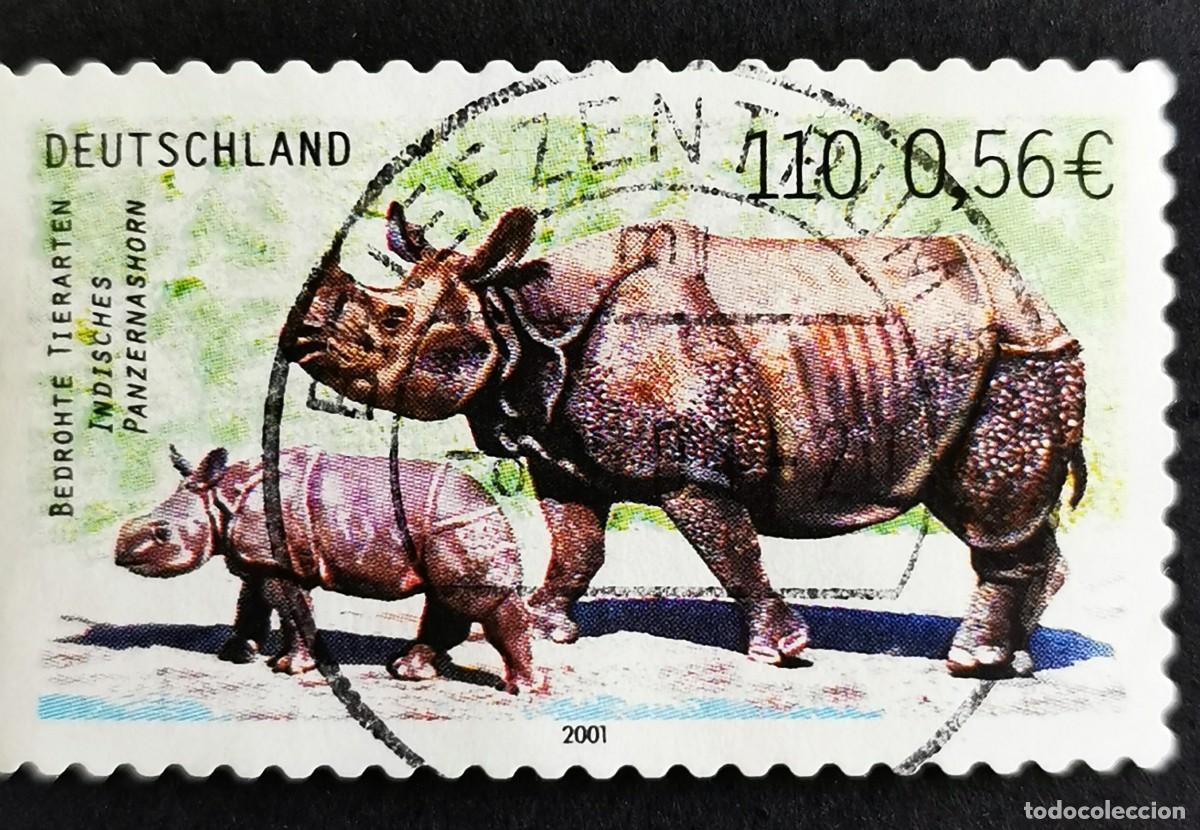 Sellos: Sello Alemania R. Federal 2001, Rinoceronte indio (Rhinoceros unicornis), 110 Pf. Michel: DE 2183