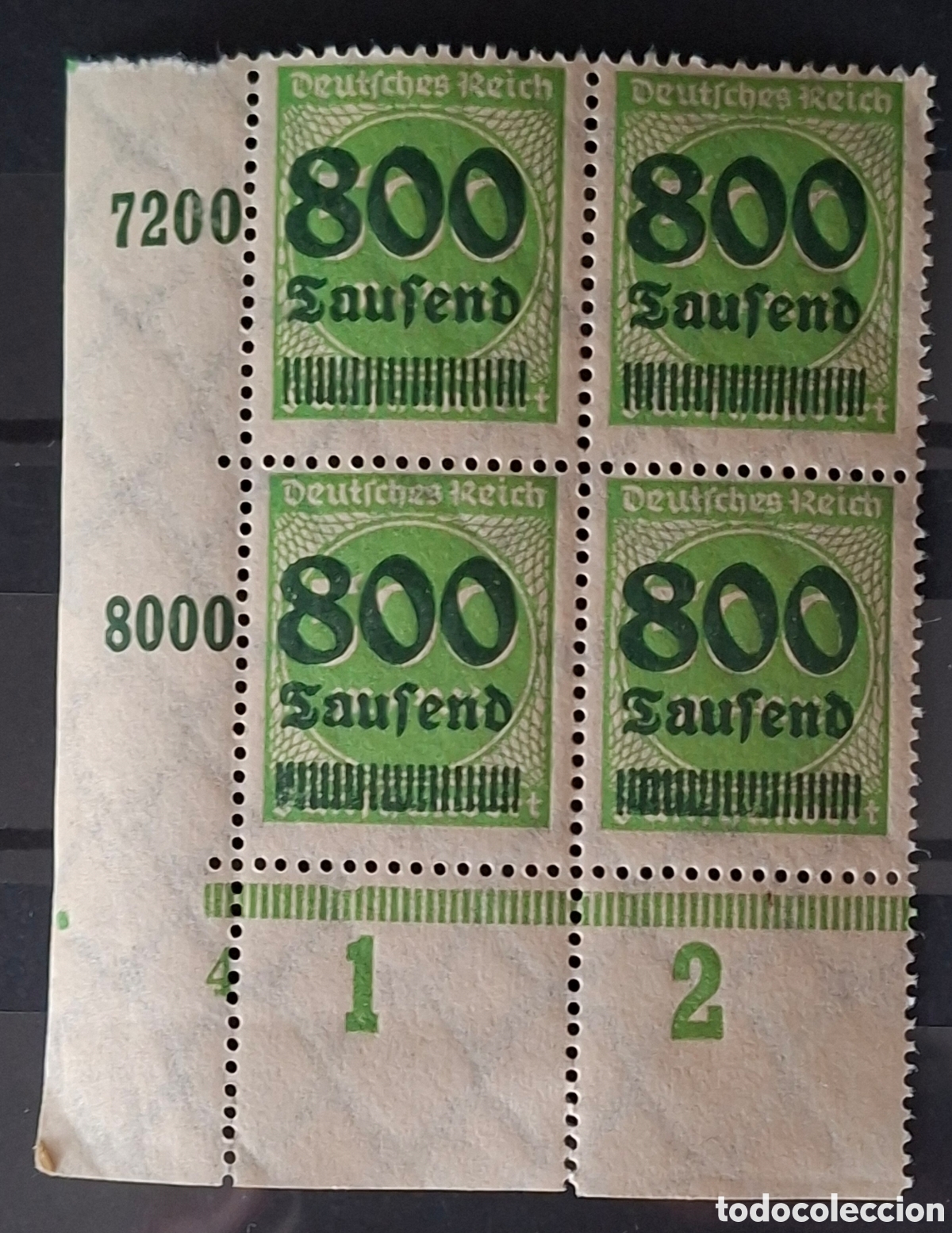 Sellos: Alemania bloque de 4 sellos 1923 800 tausend sobre 500 nuevos**