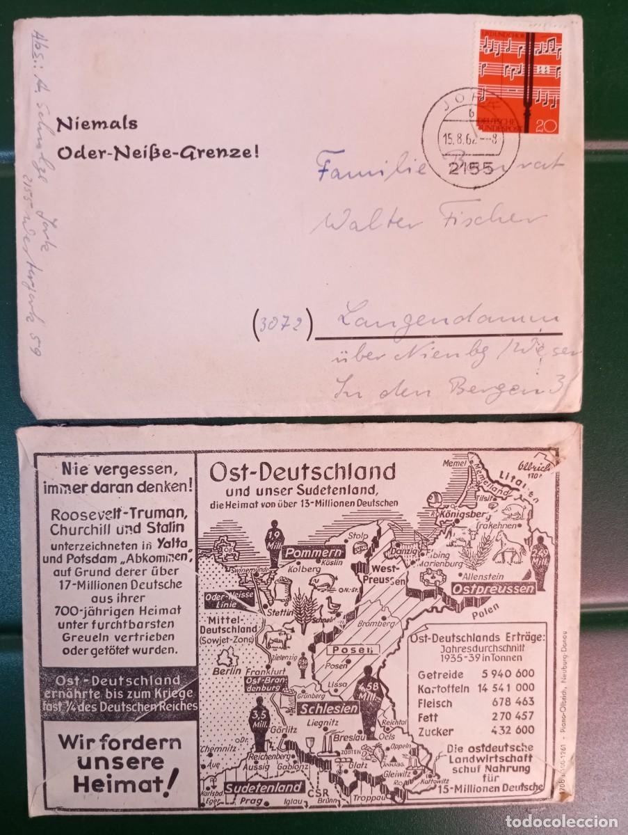 Sellos: ALEMANIA FEDERAL, SOBRE CON PROPAGANDA POL&Iacute;TICA DE LOS DESPLAZADOS Y MATASELLOS ESPECIAL. VER DESCRI
