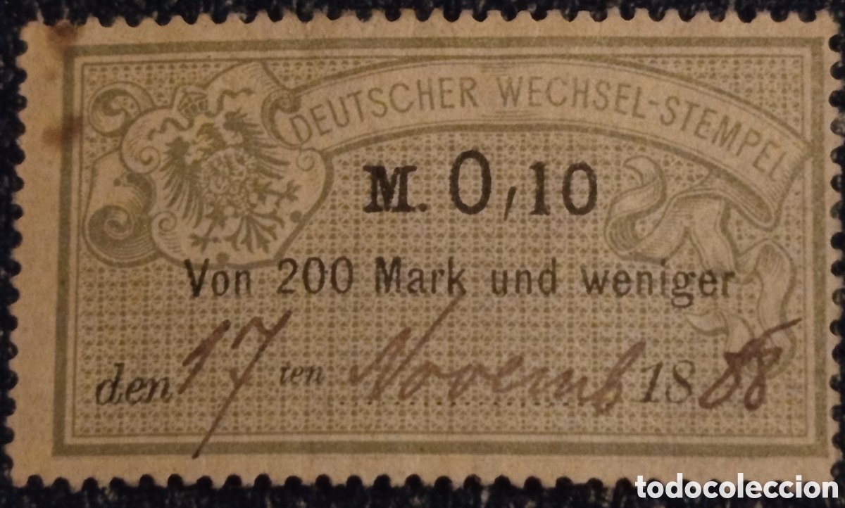 Sellos: Timbre Fiscal Alemania Imperio 1888 0,10 Mark Cat. Forbin / Erler