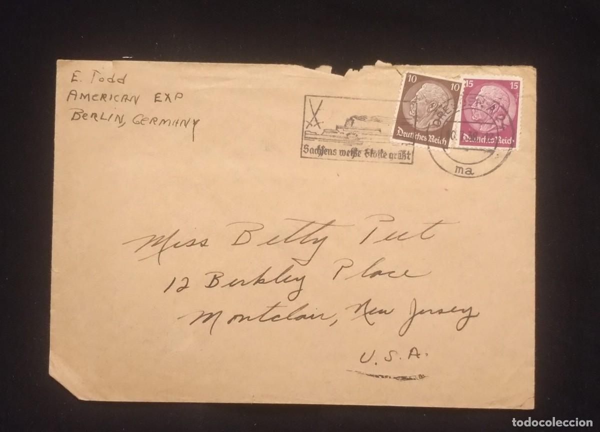 Sellos: TS) 1938 GERMANY, COVER SENT FROM BERLIN TO NEW JERSEY, USA, CANCELLATION SLOGAN,WITH THE SECOND GER