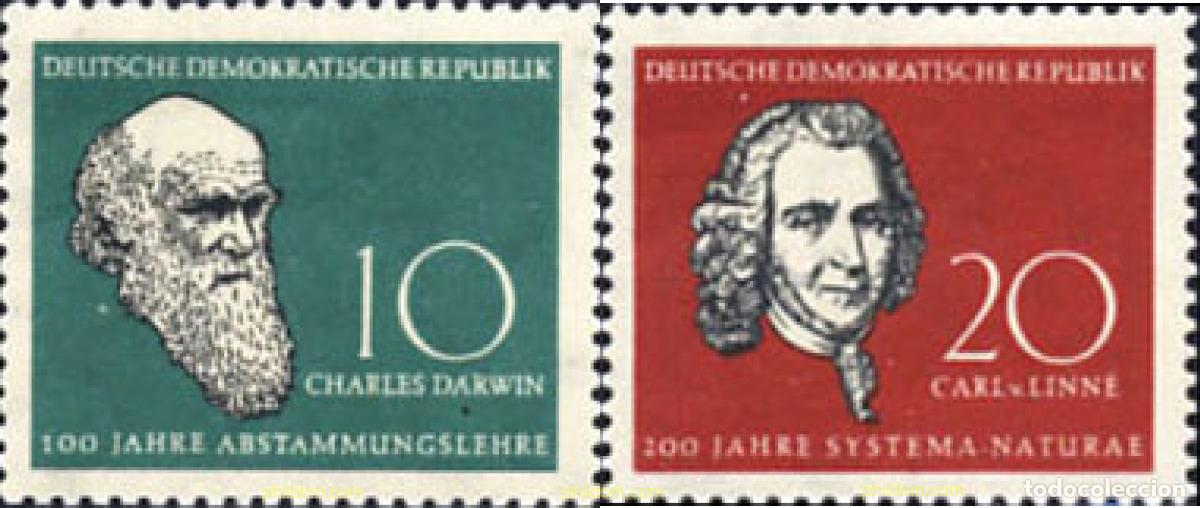 Sellos: 150524 MNH ALEMANIA DEMOCRATICA 1958 HOMENAJE A CHARLES ROBERT DARWIN Y CARL VON LINNE