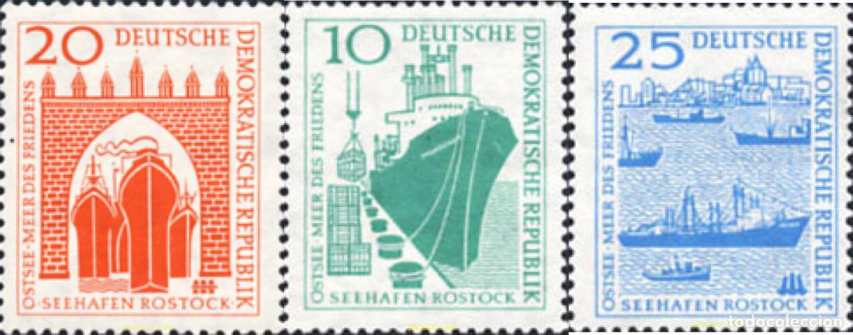 Sellos: 150526 MNH ALEMANIA DEMOCRATICA 1958 RECONSTRUCCION DEL PUERTO DE ROSTOCK