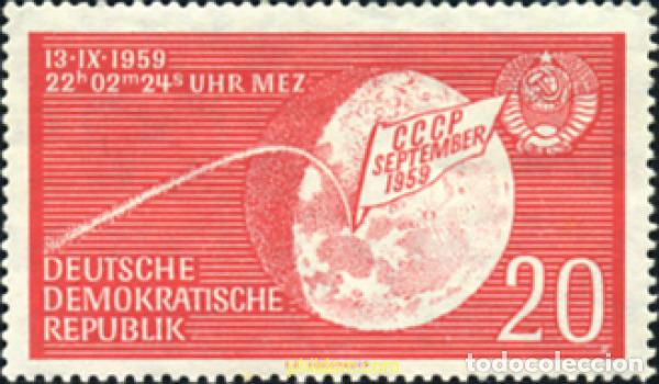 Sellos: 150553 MNH ALEMANIA DEMOCRATICA 1959 LANZAMIENTO DEL COHETE SOVIETICO &rdquo;LUNIK 2&rdquo;