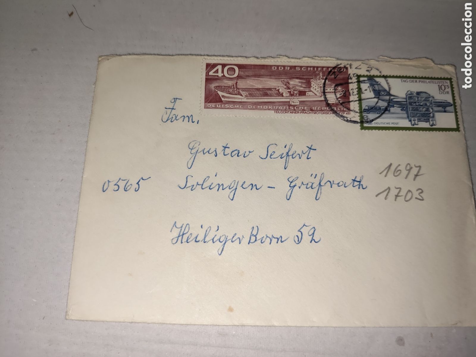 Sellos: Sobre postal de Alemania Oriental con 2 sellos