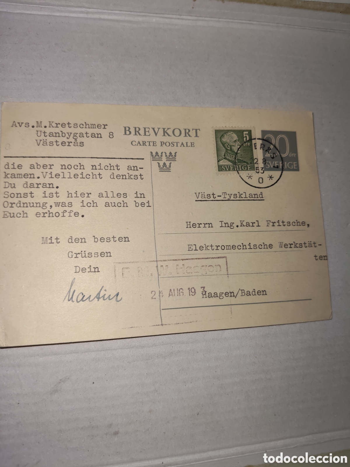 Sellos: Tarjeta postal mecanografiada con 2 sellos 1953