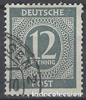 Sellos: ALEMANIA 1946 - ZONA DE OCUPACI&Oacute;N ALIADA, CIFRAS, GRIS AZULADO - USADO