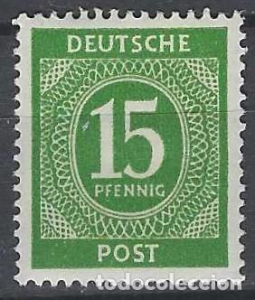 Sellos: ALEMANIA 1946 - ZONA DE OCUPACI&Oacute;N ALIADA, CIFRAS, VERDE AMARILLENTO - MH*