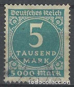Sellos: ALEMANIA 1923 - SERIE B&Aacute;SICA, CIFRAS, AZUL VERDOSO - USADO