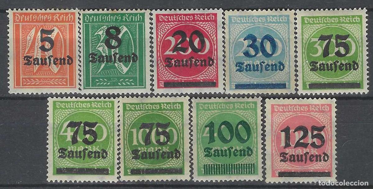 Sellos: ALEMANIA 1923 - SERIE B&Aacute;SICA, CIFRAS, SOBRECARGADOS, 9 VALORES - MH*