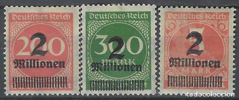 Sellos: ALEMANIA 1923 - SERIE B&Aacute;SICA, CIFRAS, SOBRECARGADOS, 3 VALORES - MH*