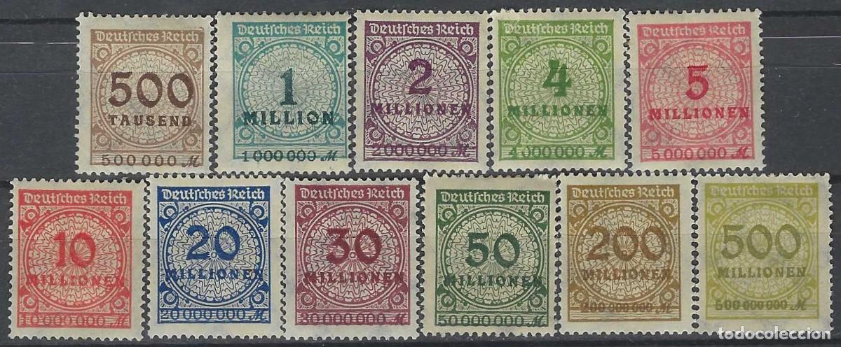 Sellos: ALEMANIA 1923 - SERIE B&Aacute;SICA, CIFRAS, SOBRECARGADOS, 11 VALORES - MH*