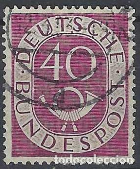 Sellos: ALEMANIA 1951 - CUERNO POSTAL Y CIFRA, P&Uacute;RPURA ROJIZA - USADO