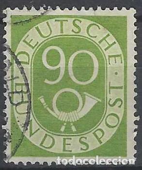 Sellos: ALEMANIA 1951 - CUERNO POSTAL Y CIFRA, VERDE AMARILLENTO - USADO