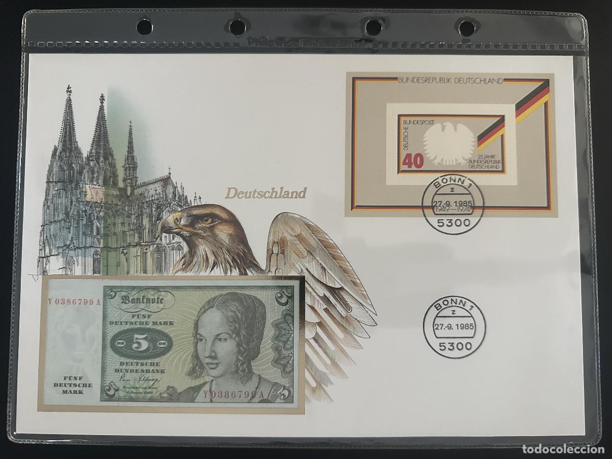 Sellos: Alemania sobre numism&aacute;tico 5 Deutsche Mark bloque 25 a&ntilde;os RFA 1985
