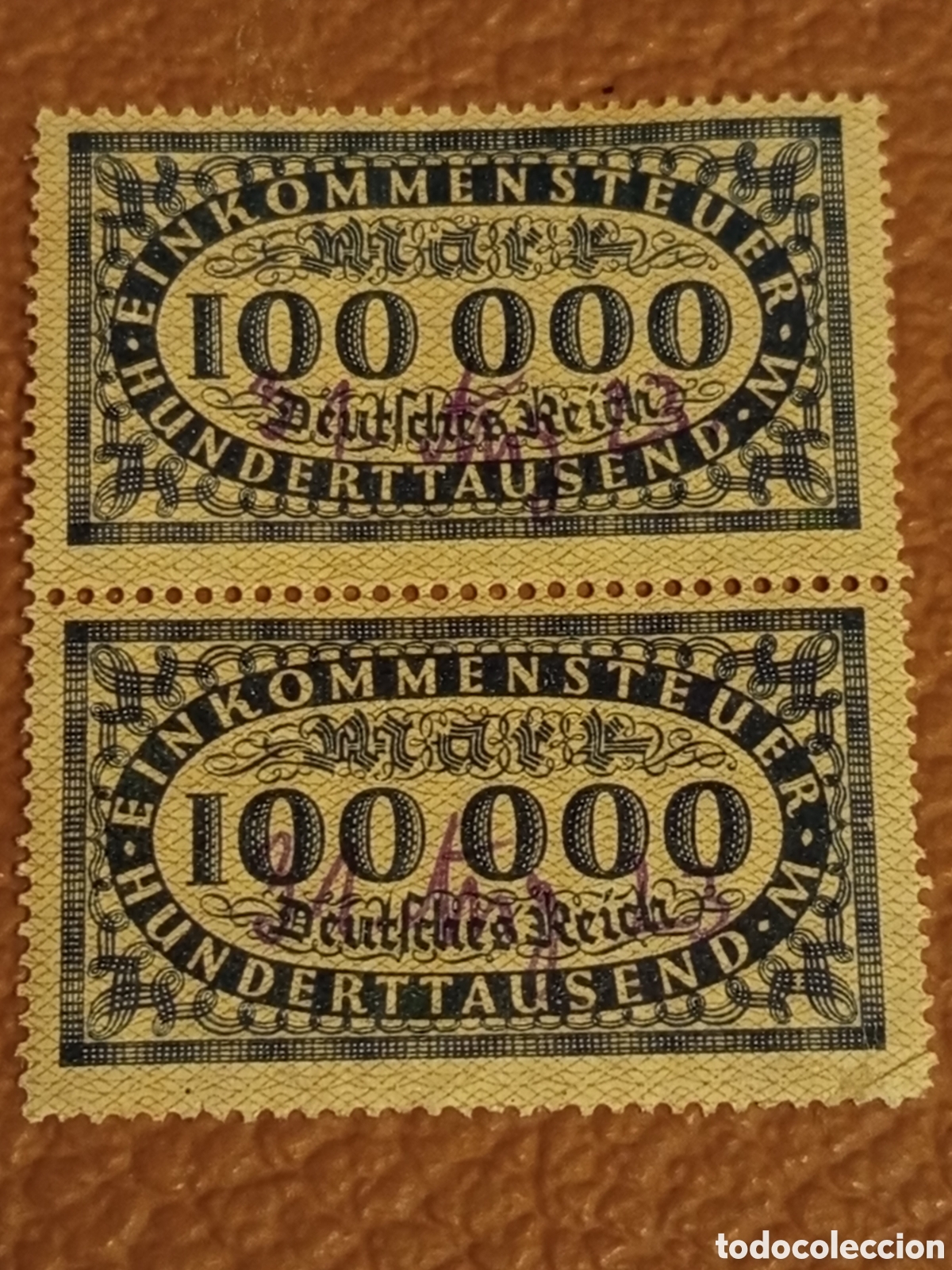Sellos: Pareja Fiscal Alemania 100.000M Einkommensteuer 1923 (Hiperinflaci&oacute;n)