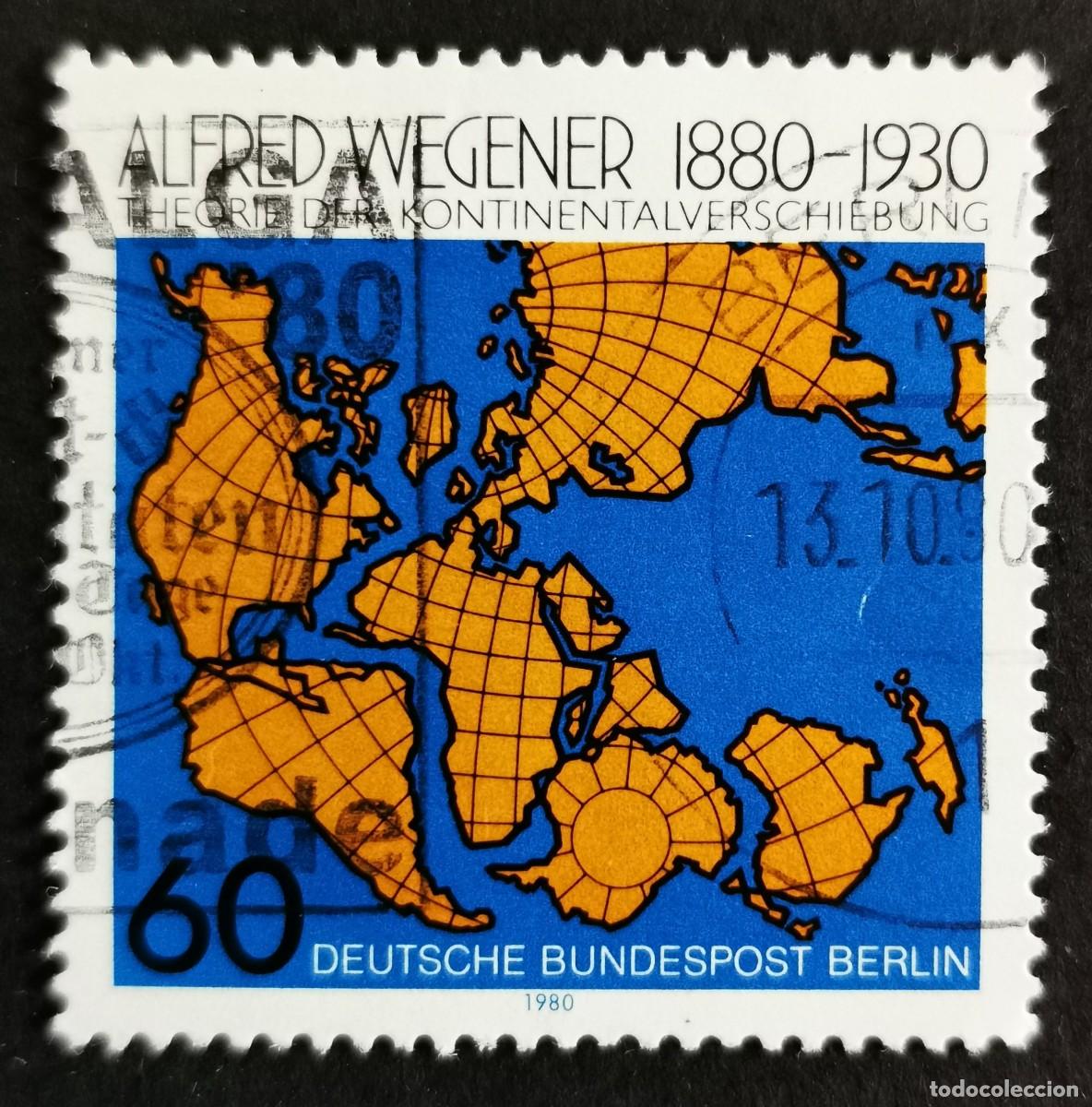 Sellos: Sello Alemania Berl&iacute;n 1980, Mapa muestra teor&iacute;a deriva continental Wegene, 60 Pf. Michel: DE-BE 616