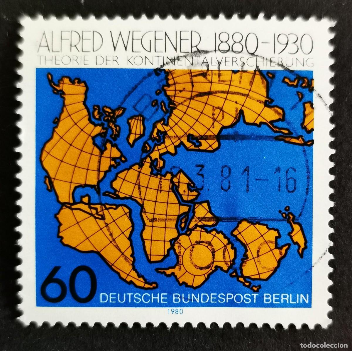 Sellos: Sello Alemania Berl&iacute;n 1980, Mapa muestra teor&iacute;a deriva continental Wegene, 60 Pf. Michel: DE-BE 616