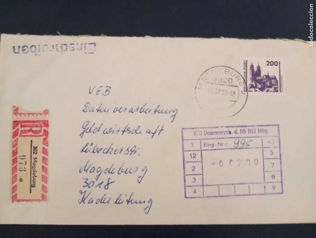 Sellos: ALEMANIA ORIENTAL, 1990. CERTIFICADO INTERNO OFICIAL DE MAGDEBURGO. Ver descripci&oacute;n