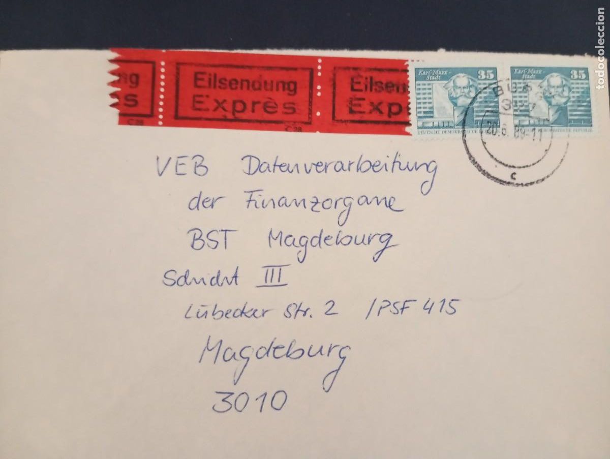 Sellos: ALEMANIA ORIENTAL, 1989, SOBRE DE CORRESPONDENCIA URGENTE DE NEDLITZ A MAGDEBURGO. Ver descripci&oacute;n