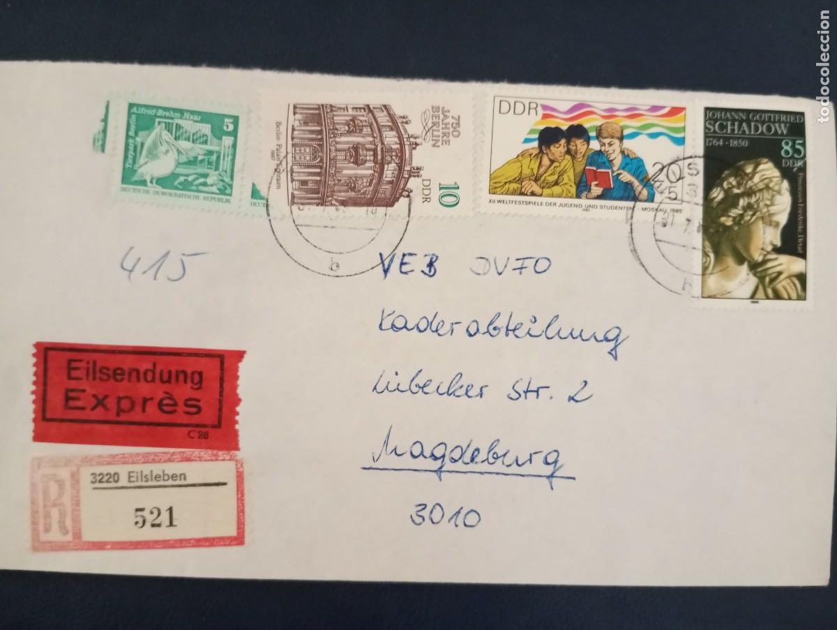 Sellos: ALEMANIA ORIENTAL, 1989, SOBRE DE CORRESPONDENCIA CERTIFICADO URGENTE. Ver descripci&oacute;n