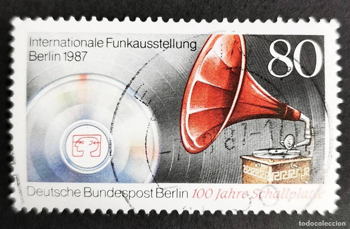 Sellos: Sello Alemania Berl&iacute;n 1987, Fon&oacute;grafo Mill-Opera (1907),CD con emblema, 80 Pf. Michel: DE-BE 787