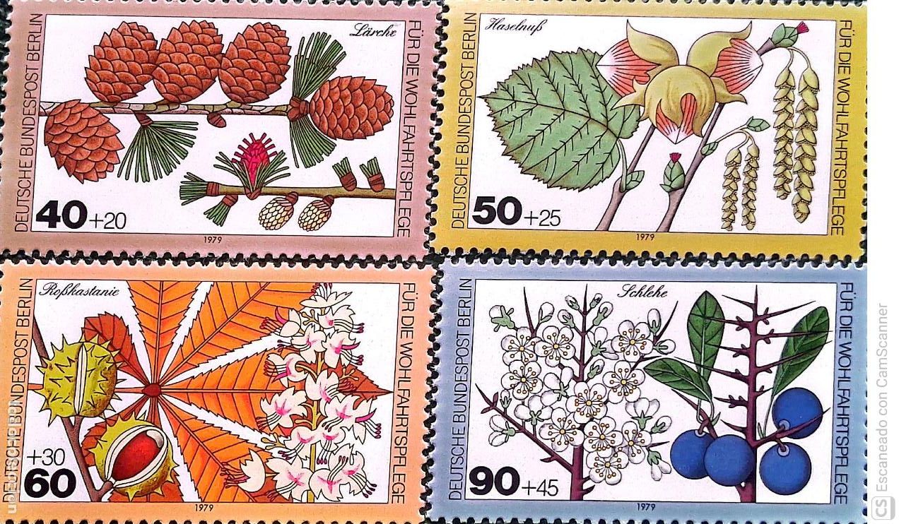 Sellos: Berl&iacute;n. 568/71 Flora de los bosques: Alerce, avellano, casta&ntilde;o de Indias y endrino. 1979. Sellos nu