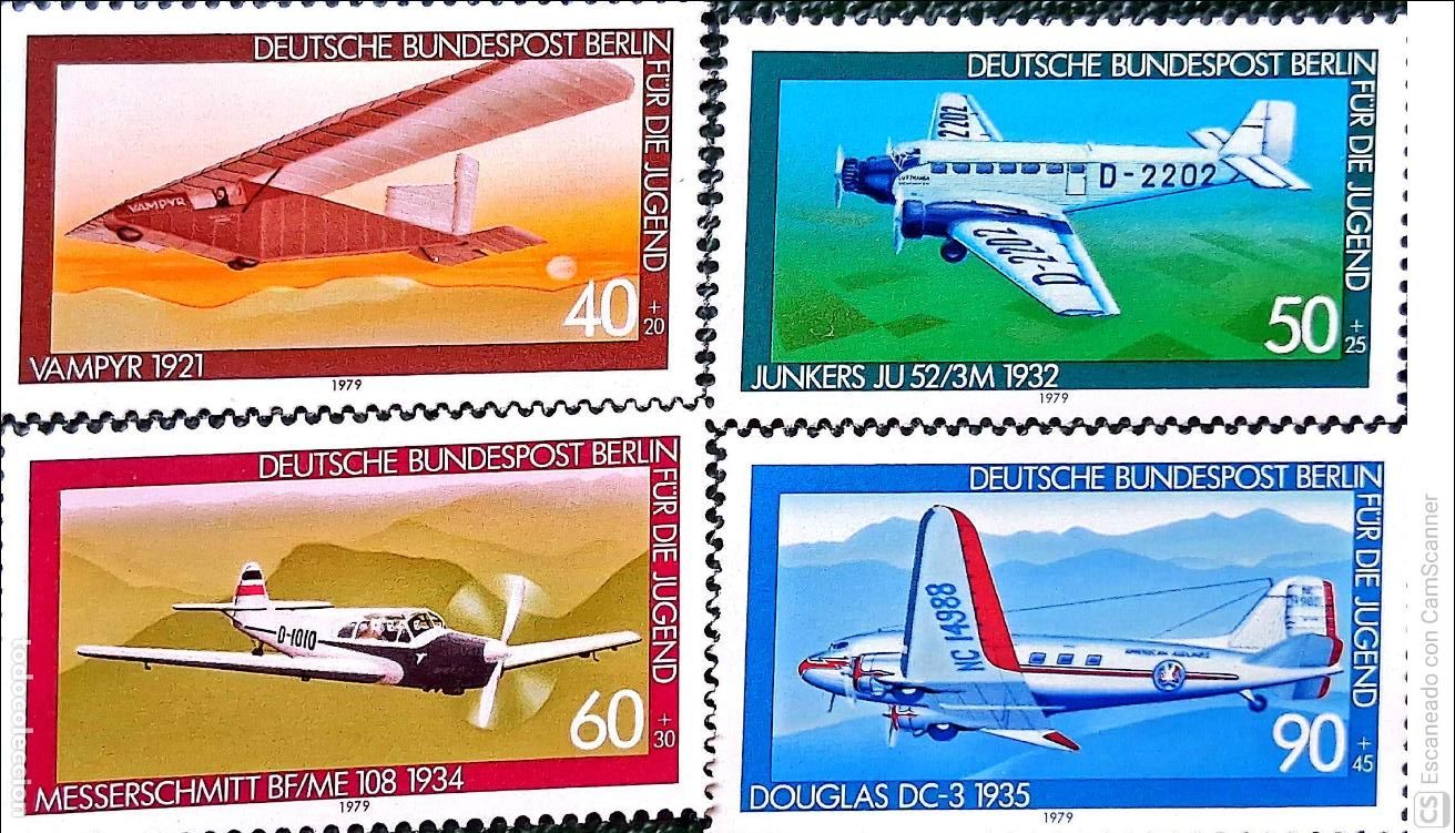 Sellos: Berl&iacute;n. 552/55 Aviones: Vampyr, Junkers, Messerschmitt y Douglas DC3. 1979. Sellos nuevos y numeraci