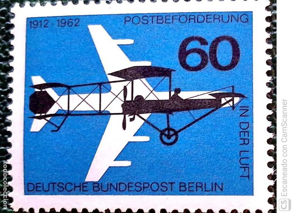 Sellos: Berl&iacute;n. 208 Aniversario del correo a&eacute;reo alem&aacute;n: Avi&oacute;n Gelber Hund. 1962. Sellos nuevos y numeraci&oacute;