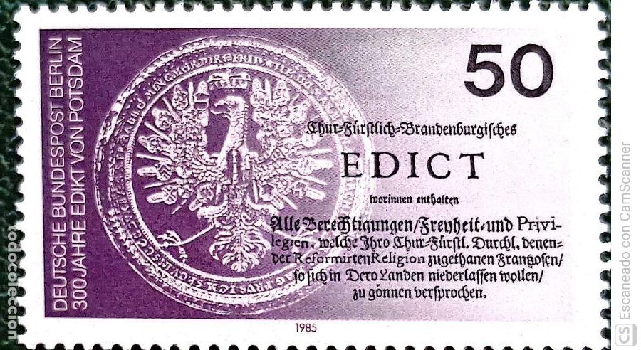 Sellos: Berl&iacute;n. 708 Tricentenario del Edicto de Nantes. 1985. Sellos nuevos y numeraci&oacute;n Yvert.