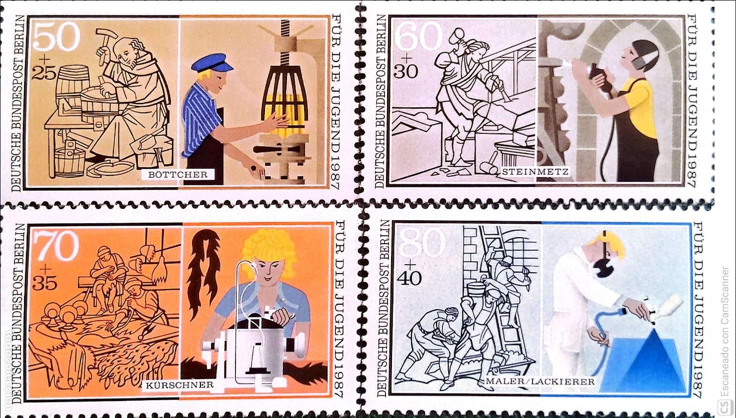 Sellos: Berl&iacute;n. 741/44 Artesanos de ayer y de hoy. 1987. Sellos nuevos y numeraci&oacute;n Yvert.