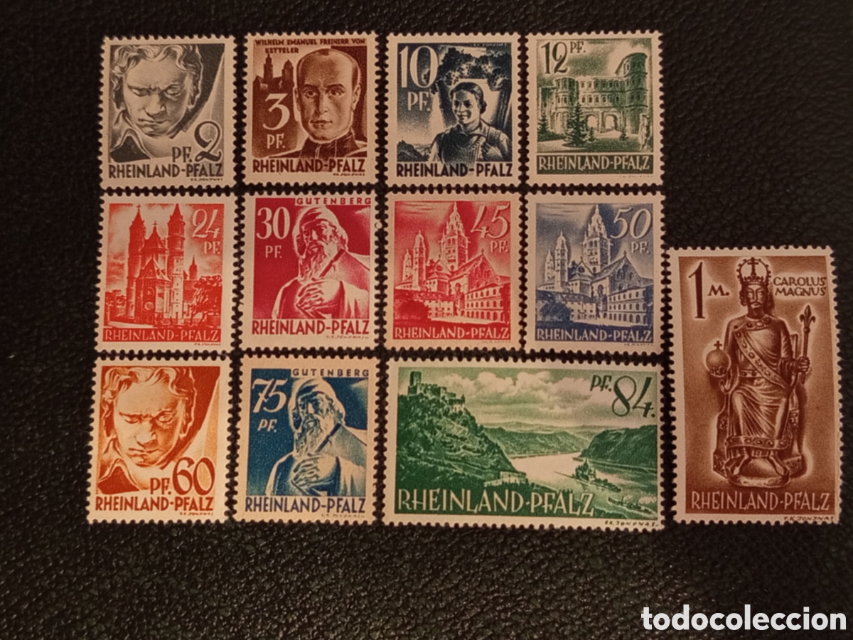 Sellos: 12 Sellos Rheinland-Pfalz 1947/48 Ocupaci&oacute;n Francesa Mi. 1/15 y 32/41 MNH