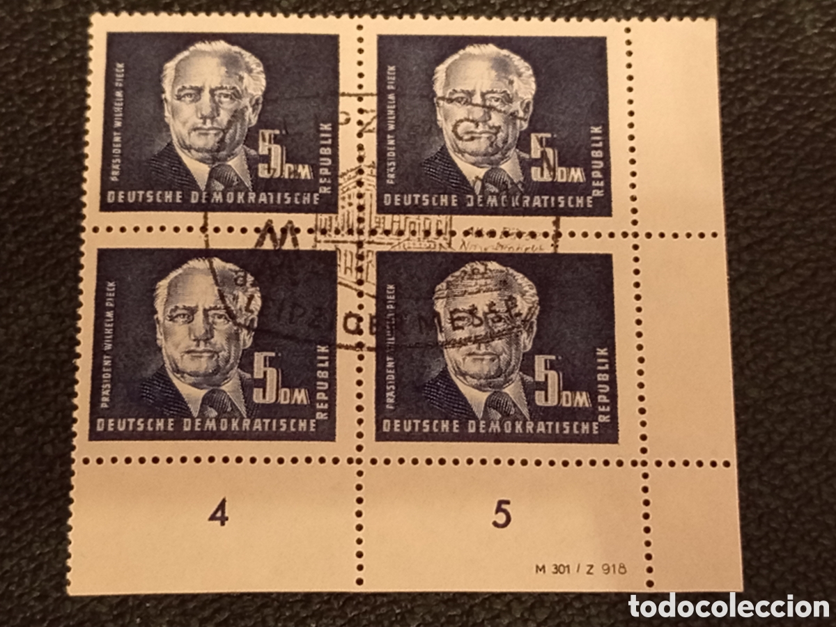 Sellos: Bloque 4 Sellos DDR 1951 Wilhelm Pieck 5 DM Cat Michel 255 Matasellado